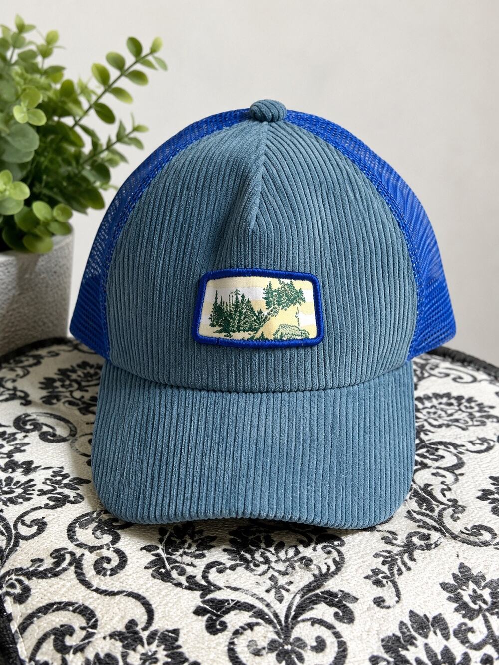 BP Blue Corduroy Trucker Hat Mountain Patch Snapback Cap Casual NWOT